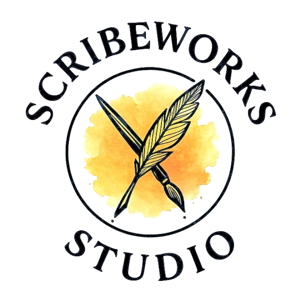 image of Scribeworks Studio logo with quill and paintbrush