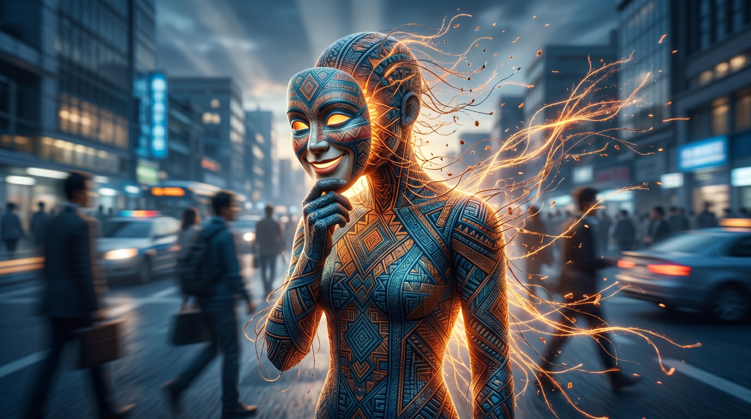 image of a neurodivergent woman taking off her mask in a busy city street full of neurotypicals