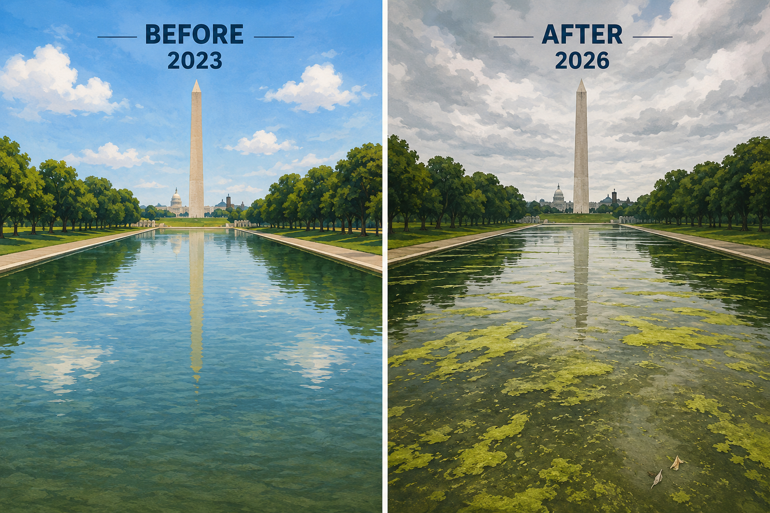 illustration showing reflection pool before and after it was "fixed"